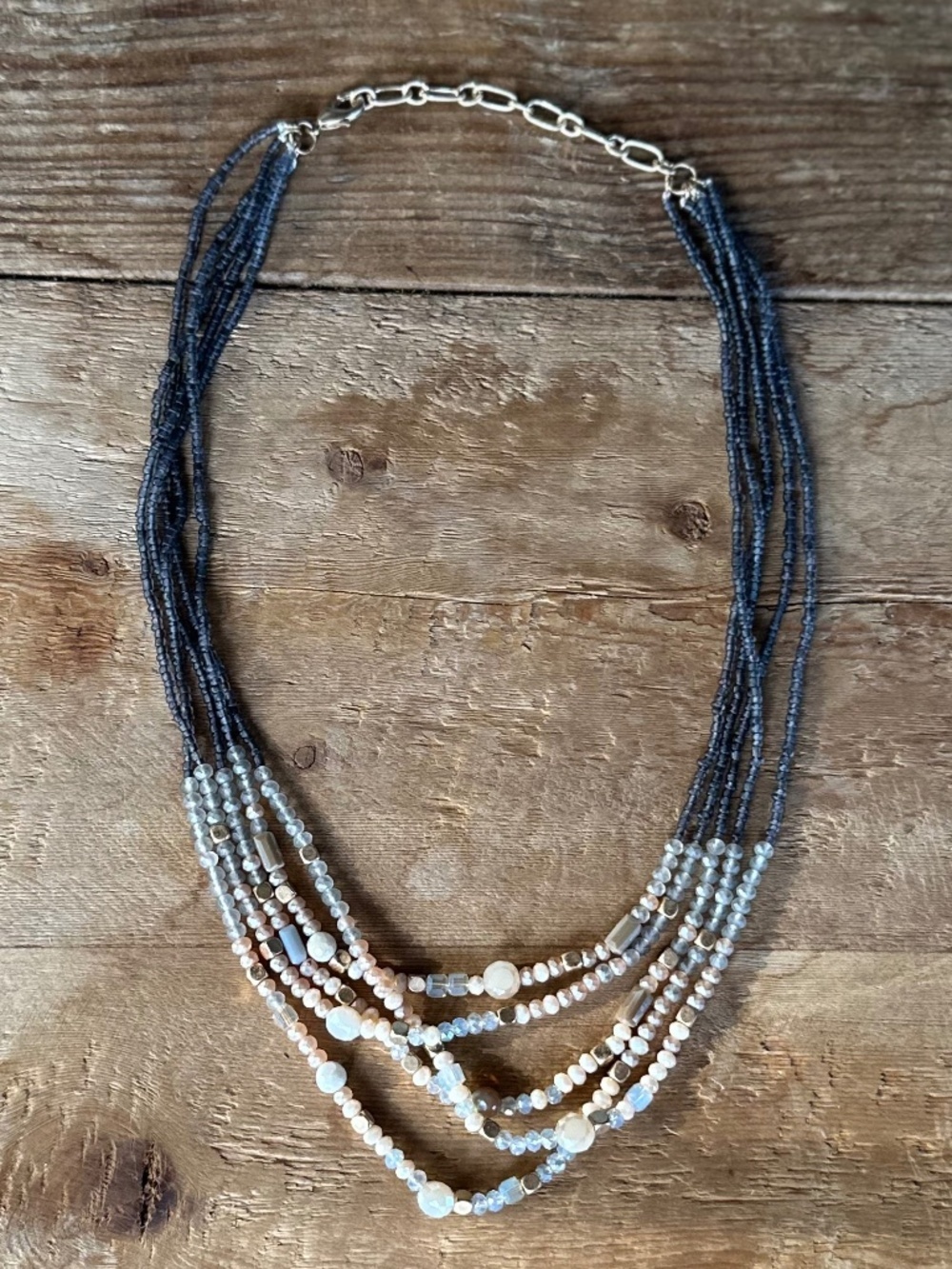 Boho Multi-Strand Gemstone Statement Necklace Gray Gold Blue - Picture 3 of 15